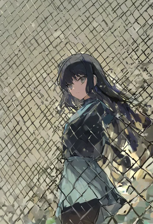 masterpiece, best quality, general, chain-link fence, 1girl, solo, simple background — by k3scat, made with ComfyUI