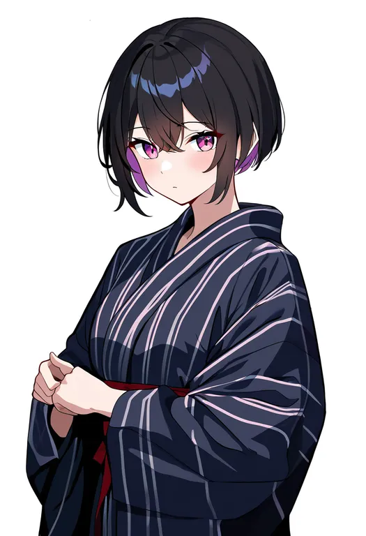 masterpiece, best quality, newest, absurdres, highres, safe, striped_kimono, 1girl, solo, simple_background — by k3scat, made with ComfyUI