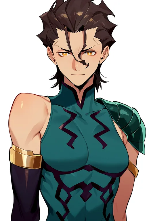 masterpiece, best quality, score_7, safe, diarmuid ua duibhne (fate), solo, upper body, simple background — by k3scat, made with ComfyUI