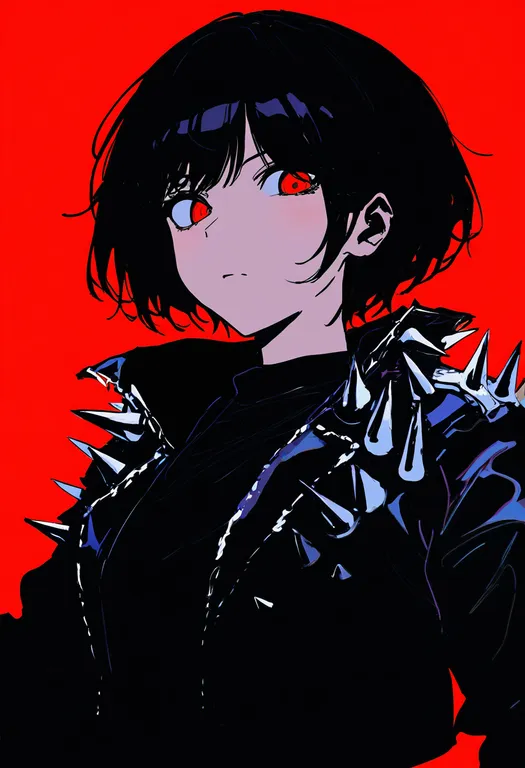masterpiece, best quality, newest, absurdres, highres, safe, spiked_jacket, 1girl, solo, simple_background — by k3scat, made with ComfyUI