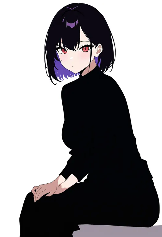 masterpiece, best quality, newest, absurdres, highres, safe, hand_on_lap, 1girl, solo, simple_background — by k3scat, made with ComfyUI