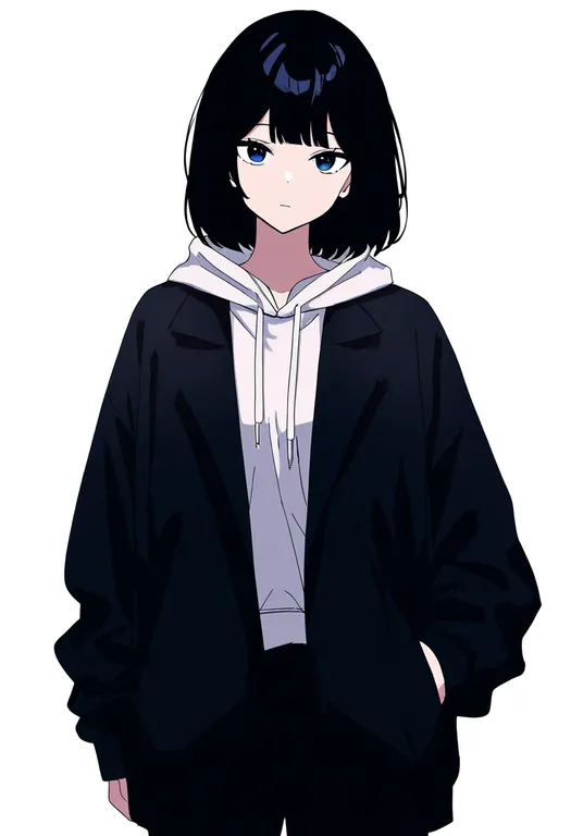 masterpiece, best quality, newest, absurdres, highres, safe, jacket_over_hoodie, 1girl, solo, simple_background — by k3scat, made with ComfyUI