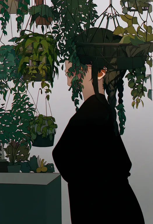 masterpiece, best quality, newest, absurdres, highres, safe, hanging_plant, 1girl, solo, simple_background — by k3scat, made with ComfyUI