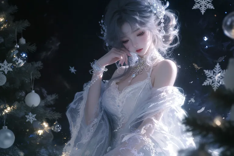 zidiusArt, --preview，wdlc48, Ani2rel, wdljql, 胶片摄影，镜头语言，淡彩，个性视角，美少女，皮肤白皙嫩滑，倾国倾城容貌，身材凹凸有致，穿轻薄柔纱衣，造型别致，配饰精致，圣诞节氛围，羞涩隐晦，魅惑性… — by 天才美少女, made with ComfyUI
