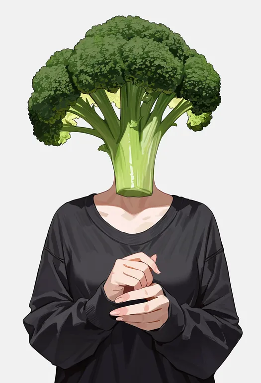 masterpiece, best quality, score_7, safe, broccoli, 1girl, solo, upper body, simple background — by k3scat, made with ComfyUI