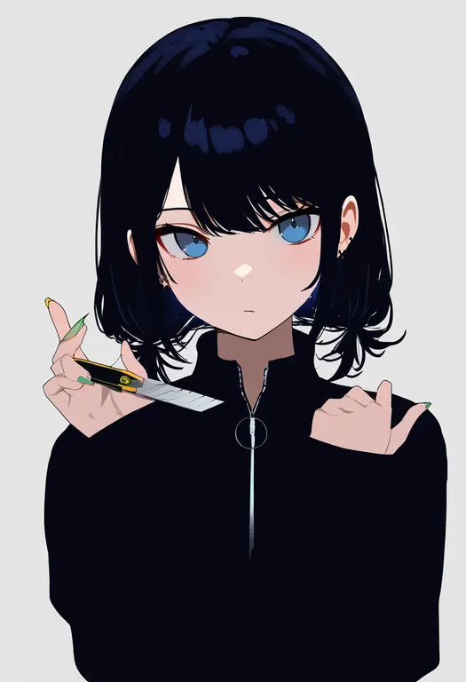 masterpiece, best quality, newest, absurdres, highres, safe, boxcutter, 1girl, solo, simple_background — by k3scat, made with ComfyUI