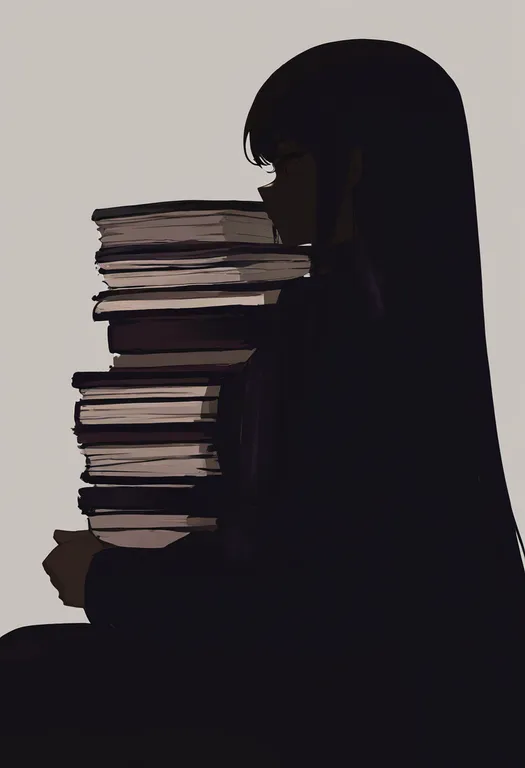 masterpiece, best quality, newest, absurdres, highres, safe, book_stack, 1girl, solo, simple_background — by k3scat, made with ComfyUI