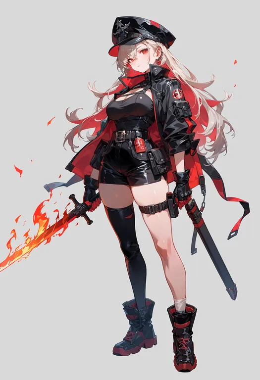 masterpiece, best quality, score_7, safe, flaming weapon, 1girl, solo, simple background — by k3scat, made with ComfyUI