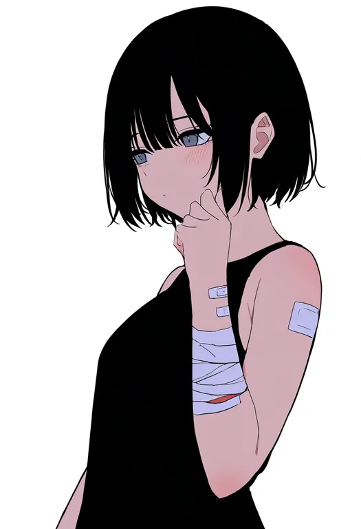masterpiece, best quality, newest, absurdres, highres, safe, bandaid_on_arm, 1girl, solo, simple_background — by k3scat, made with ComfyUI