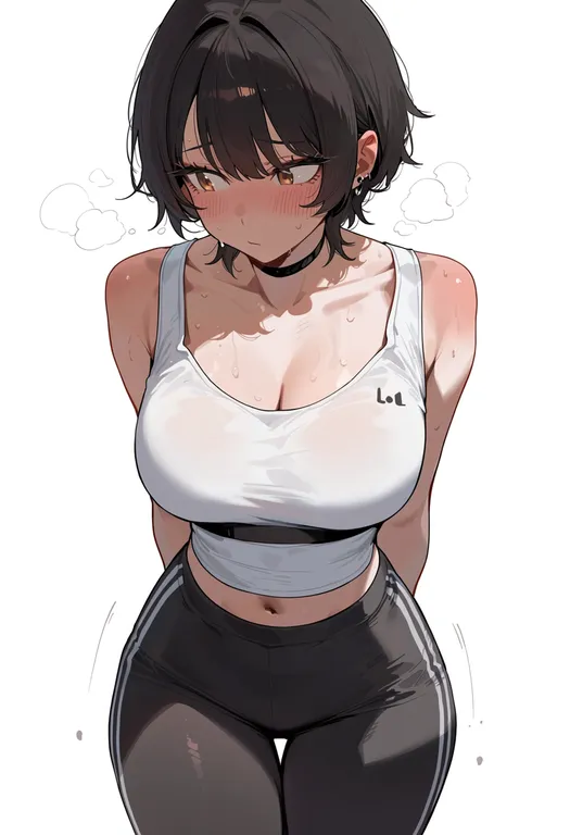 masterpiece, best quality, score_7, safe, shoulder blush, 1girl, solo, simple background — by k3scat, made with ComfyUI