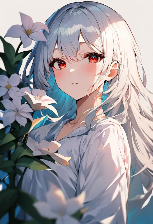 masterpiece, best quality, newest, absurdres, highres, safe, white_flower, 1girl, solo, simple_background — by k3scat, made with ComfyUI