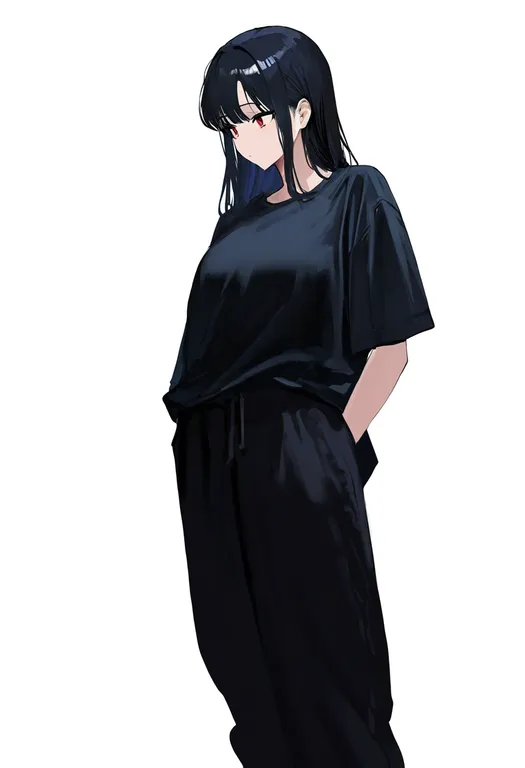 masterpiece, best quality, newest, absurdres, highres, safe, baggy_pants, 1girl, solo, simple_background — by k3scat, made with ComfyUI