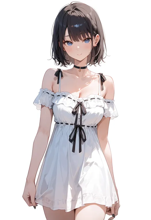 masterpiece, best quality, score_7, safe, ribbon-trimmed dress, 1girl, solo, simple background — by k3scat, made with ComfyUI
