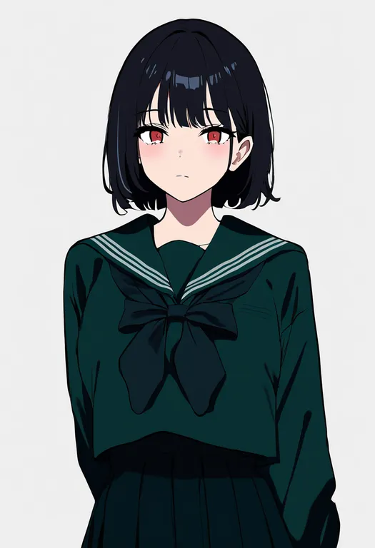 masterpiece, best quality, newest, absurdres, highres, safe, green_serafuku, 1girl, solo, simple_background — by k3scat, made with ComfyUI
