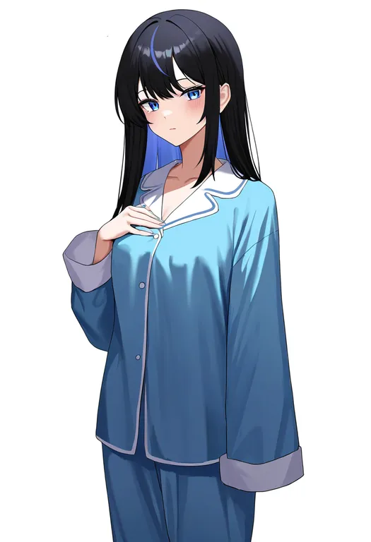 masterpiece, best quality, newest, absurdres, highres, safe, blue_pajamas, 1girl, solo, simple_background — by k3scat, made with ComfyUI