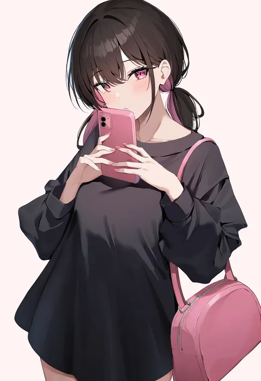 masterpiece, best quality, newest, absurdres, highres, safe, pink_bag, 1girl, solo, simple_background — by k3scat, made with ComfyUI