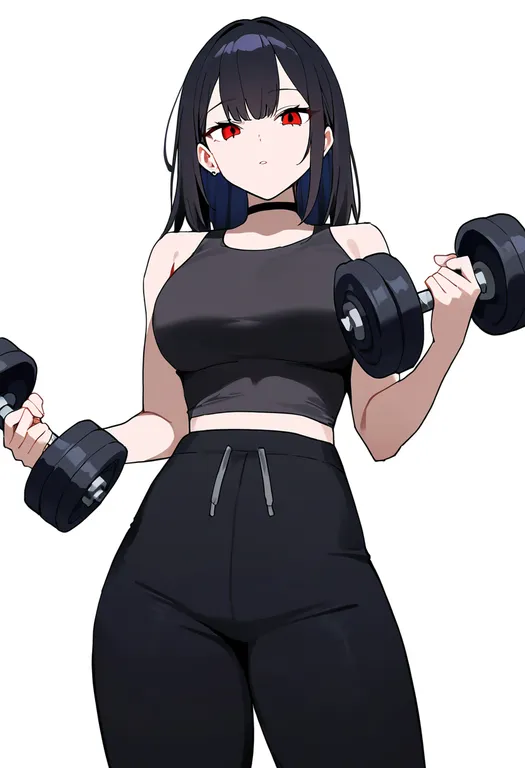 masterpiece, best quality, newest, absurdres, highres, safe, dumbbell, 1girl, solo, simple_background — by k3scat, made with ComfyUI