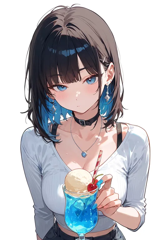 masterpiece, best quality, score_7, safe, ice cream float, 1girl, solo, upper body, simple background — by k3scat, made with ComfyUI