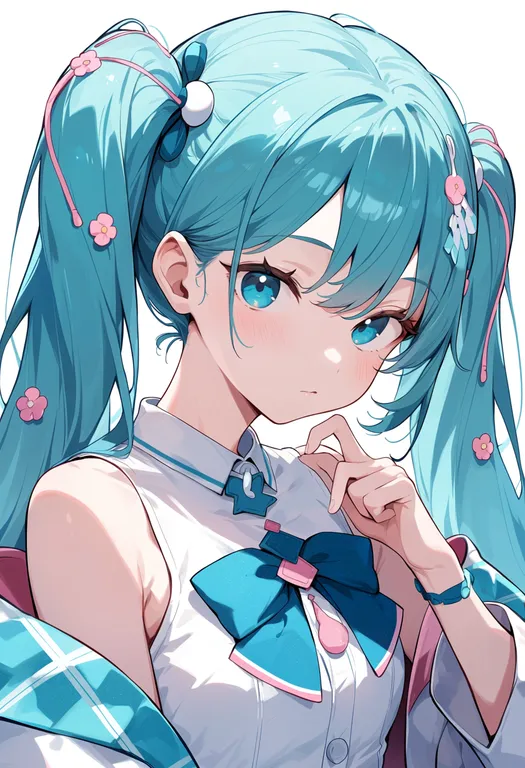 masterpiece, best quality, score_7, safe, magical mirai miku, solo, upper body, simple background — by k3scat, made with ComfyUI