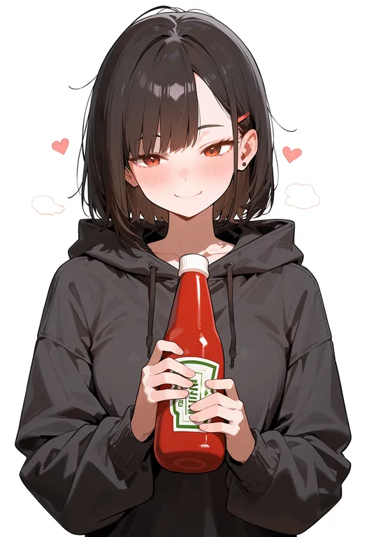 masterpiece, best quality, score_7, safe, ketchup bottle, 1girl, solo, upper body, simple background — by k3scat, made with ComfyUI