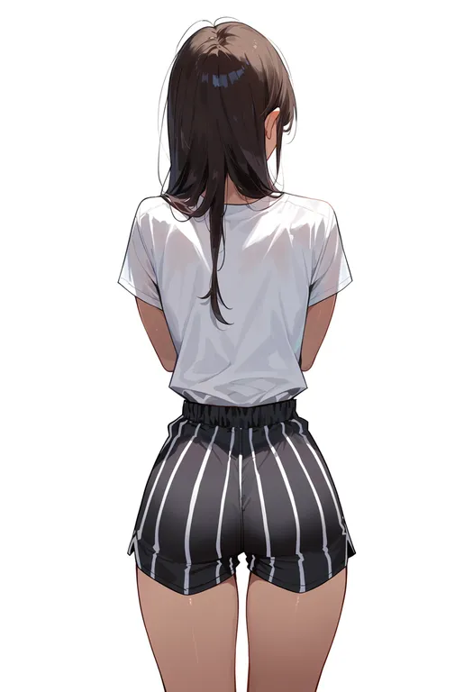 masterpiece, best quality, score_7, safe, vertical-striped shorts, 1girl, solo, simple background — by k3scat, made with ComfyUI