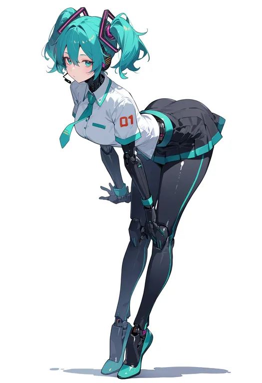 masterpiece, best quality, score_7, safe, dance robot dance (vocaloid), solo, full body, simple background — by k3scat, made with ComfyUI