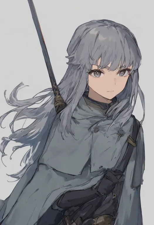 masterpiece, best quality, general, grey cape, 1girl, solo, simple background — by k3scat, made with ComfyUI