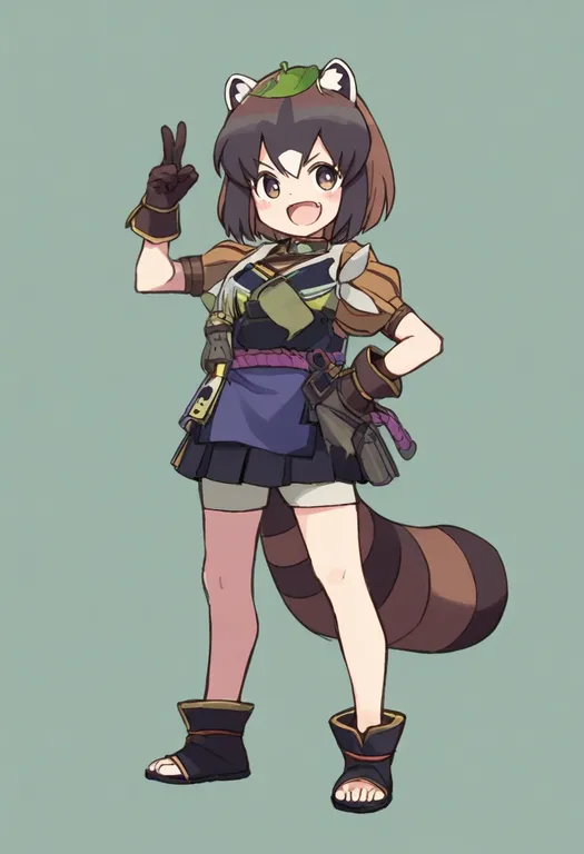 masterpiece, best quality, general, raccoon tail, 1girl, solo, simple background — by k3scat, made with ComfyUI
