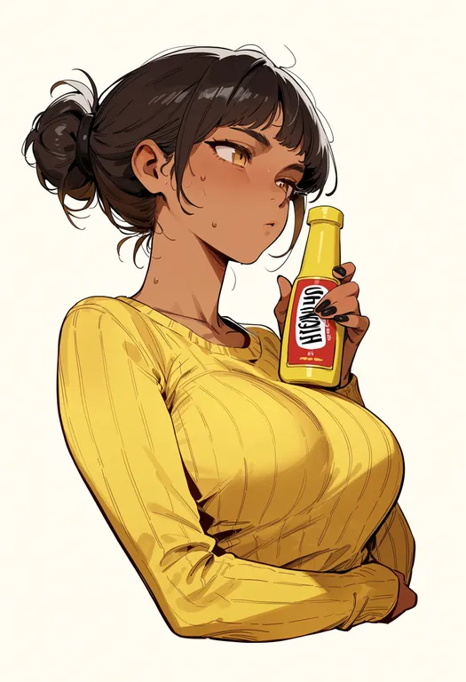 masterpiece, best quality, score_7, safe, mustard bottle, 1girl, solo, upper body, simple background — by k3scat, made with ComfyUI