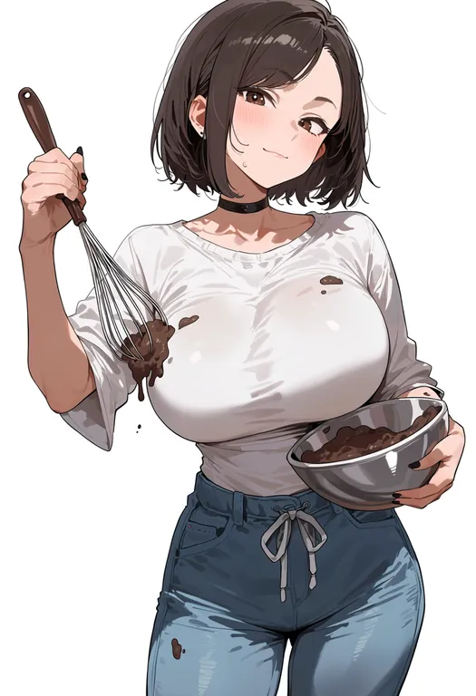 masterpiece, best quality, score_7, safe, mixing bowl, 1girl, solo, simple background — by k3scat, made with ComfyUI