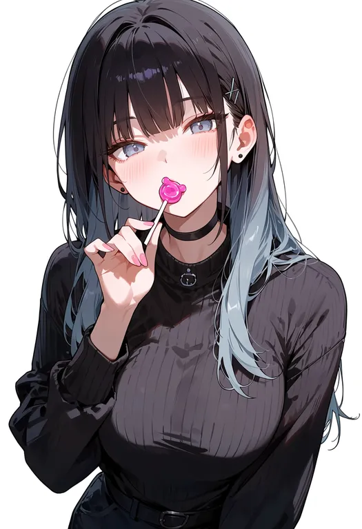 masterpiece, best quality, score_7, safe, shaped lollipop, 1girl, solo, upper body, simple background — by k3scat, made with ComfyUI