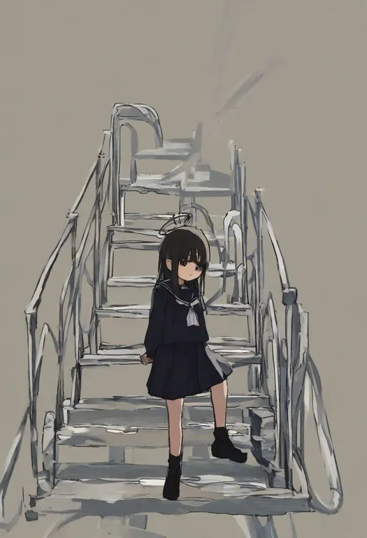 masterpiece, best quality, general, stairs, 1girl, solo, simple background — by k3scat, made with ComfyUI