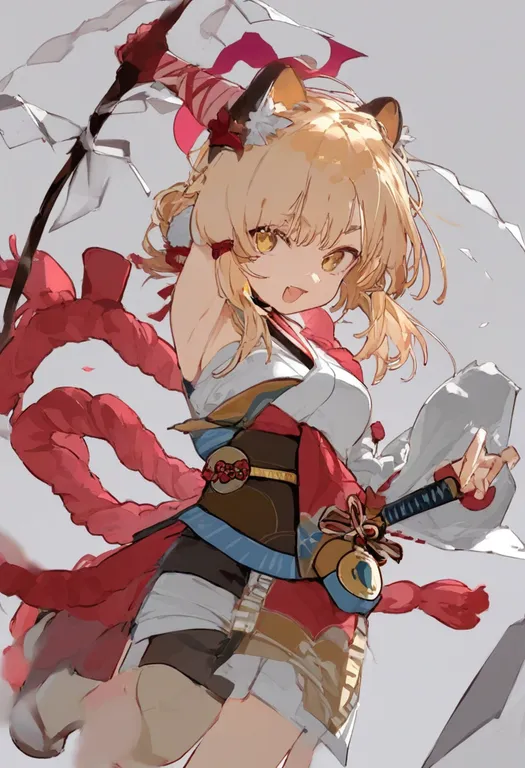 masterpiece, best quality, general, red sash, 1girl, solo, simple background — by k3scat, made with ComfyUI