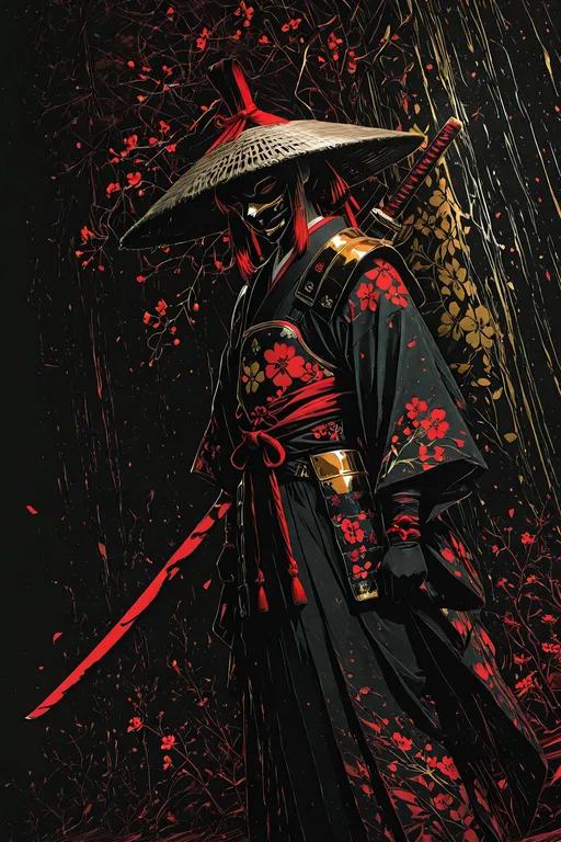 1man, middle-aged, samurai, wearing straw hat, wearing menpo mask, standing, three-quarter view, katana on shoulder, ree…