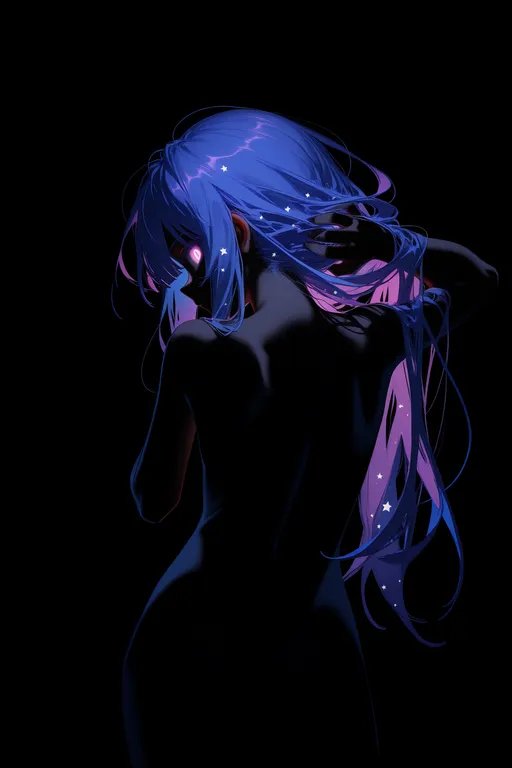masterpiece, star long hair, black background, glowing eyes, shadowed, shadowed body, silhouette, slim shadow, arching b…