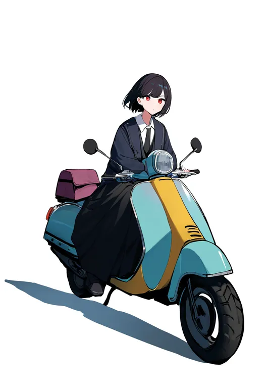 masterpiece, best quality, newest, absurdres, highres, safe, on_scooter, 1girl, solo, simple_background — by k3scat, made with ComfyUI
