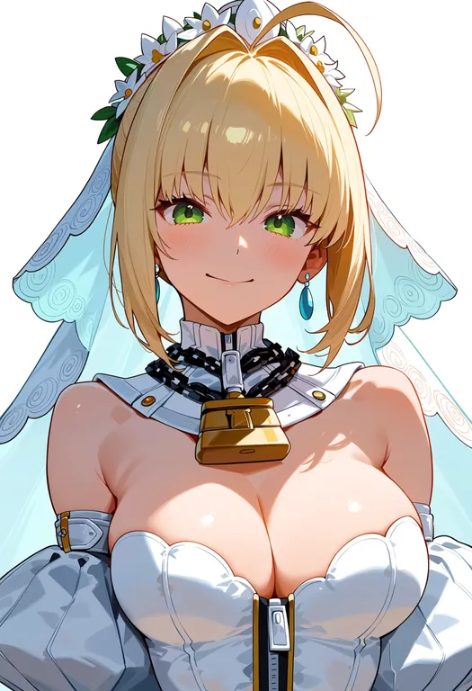 masterpiece, best quality, score_7, safe, nero claudius (bride) (fate), solo, upper body, simple background — by k3scat, made with ComfyUI