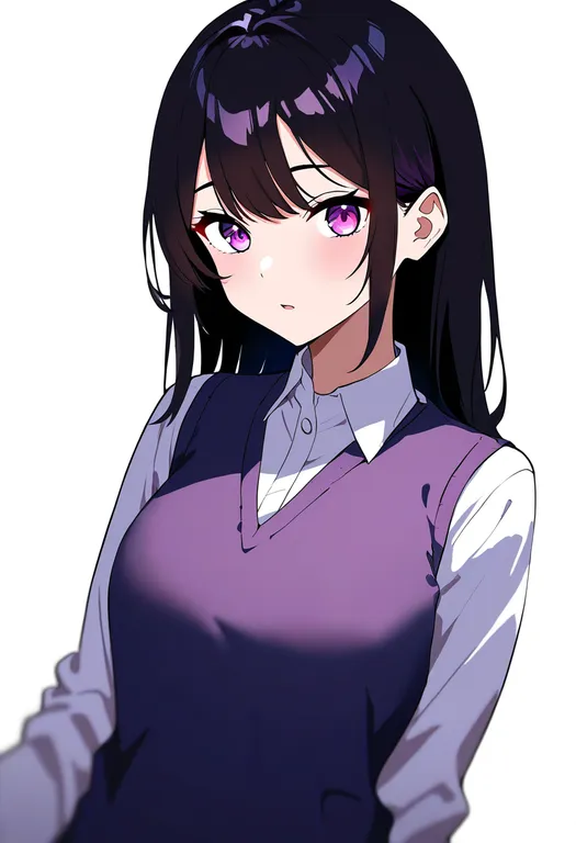 masterpiece, best quality, newest, absurdres, highres, safe, purple_sweater_vest, 1girl, solo, simple_background — by k3scat, made with ComfyUI