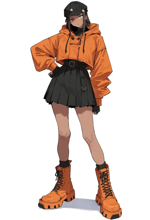 masterpiece, best quality, score_7, safe, orange boots, 1girl, solo, simple background — by k3scat, made with ComfyUI