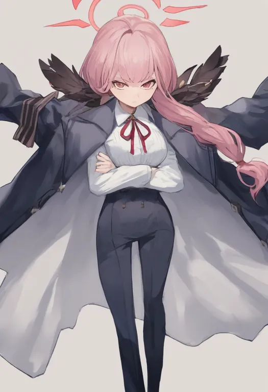 masterpiece, best quality, general, coat on shoulders, 1girl, solo, simple background — by k3scat, made with ComfyUI