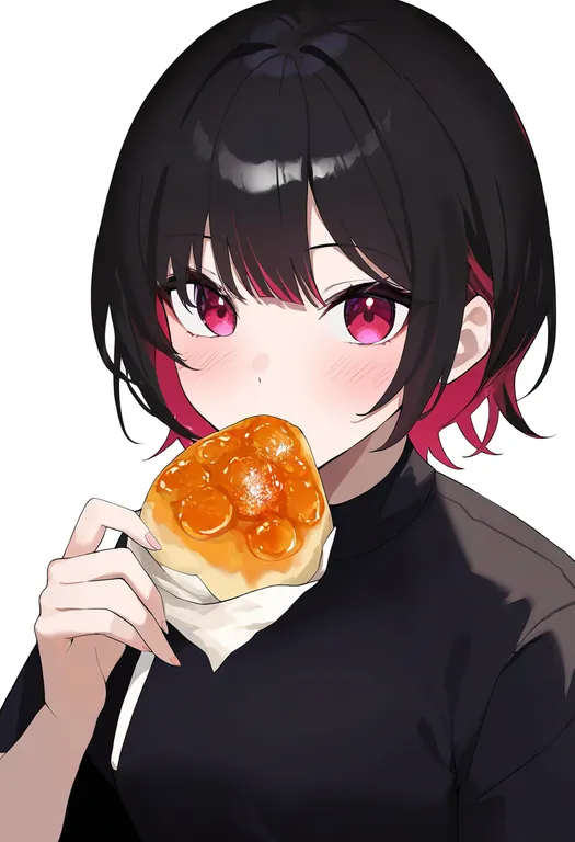 masterpiece, best quality, newest, absurdres, highres, safe, food_on_hand, 1girl, solo, simple_background — by k3scat, made with ComfyUI
