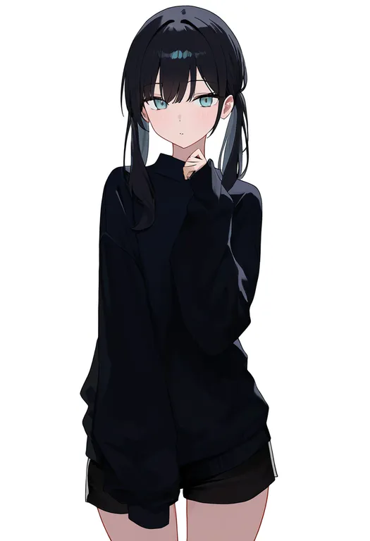 masterpiece, best quality, newest, absurdres, highres, safe, black_shorts, 1girl, solo, simple_background — by k3scat, made with ComfyUI