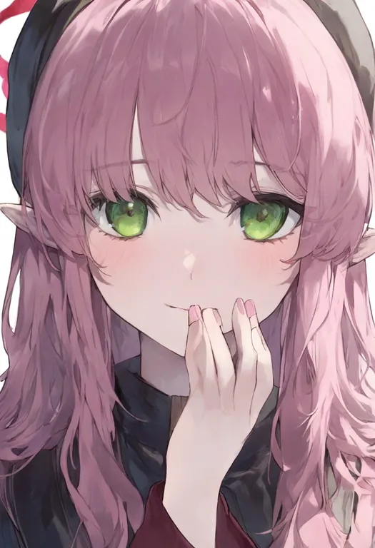 masterpiece, best quality, general, hand to own mouth, 1girl, solo, simple background — by k3scat, made with ComfyUI