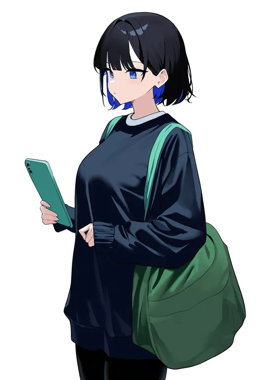 masterpiece, best quality, newest, absurdres, highres, safe, green_bag, 1girl, solo, simple_background — by k3scat, made with ComfyUI