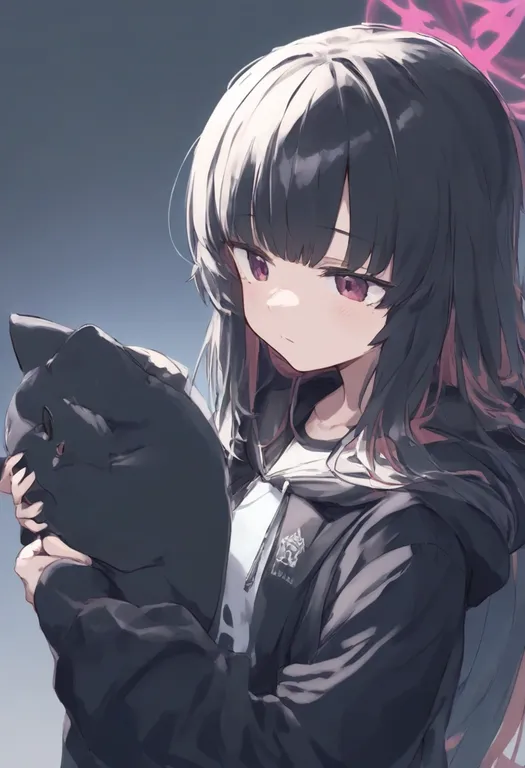 masterpiece, best quality, general, black hoodie, 1girl, solo, simple background — by k3scat, made with ComfyUI