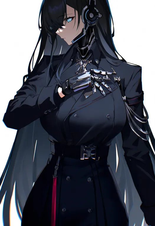 masterpiece, best quality, newest, absurdres, highres, safe, single_mechanical_hand, 1girl, solo, simple_background — by k3scat, made with ComfyUI