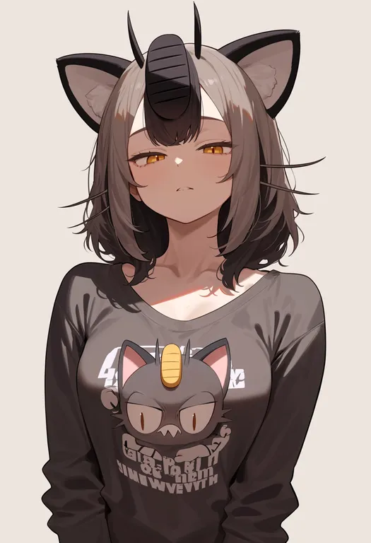 masterpiece, best quality, score_7, safe, galarian meowth, solo, upper body, simple background — by k3scat, made with ComfyUI