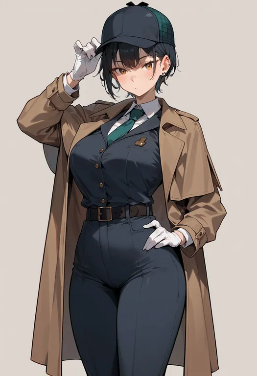 masterpiece, best quality, score_7, safe, detective, 1girl, solo, simple background — by k3scat, made with ComfyUI