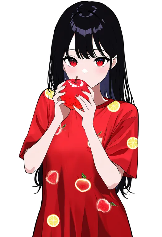 masterpiece, best quality, newest, absurdres, highres, safe, fruit_print, 1girl, solo, simple_background — by k3scat, made with ComfyUI