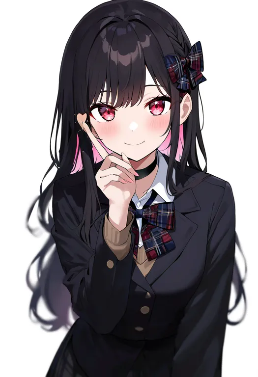 masterpiece, best quality, newest, absurdres, highres, safe, plaid_bow, 1girl, solo, simple_background — by k3scat, made with ComfyUI